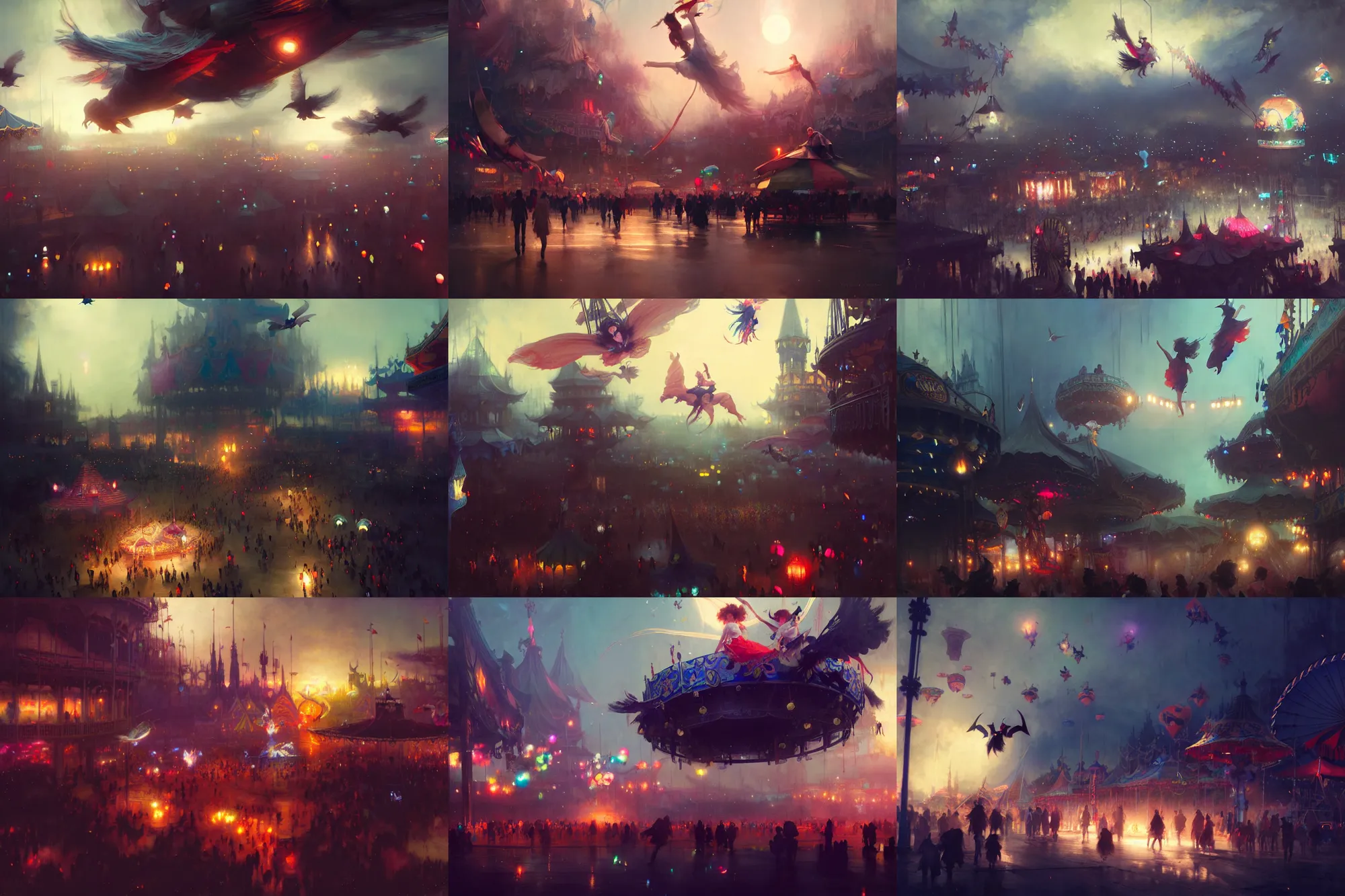 Prompt: young witches flying above exploring a carnival, witchlight carnival amusement park, night time, high octane filter, 8 k, highly detailed, digital painting, concept art, matte, art by ruan jia and wlop and greg rutkowski and makoto shinkai, masterpiece