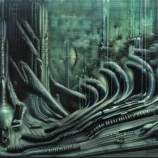 Prompt: landscape, alien sci-fi world, painting by H.R Giger