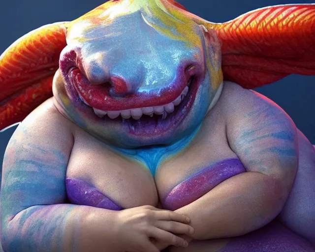 Image similar to of a very beautiful scene. ambient occlusion render. a sweet fat old woman is giving birth to a huge colorful fish. hyper realistic. 4 k. wide angle. sadness symmetrical face, red mouth, blue eyes. deep focus, lovely scene. ambient occlusion render. concept art. unreal engine.