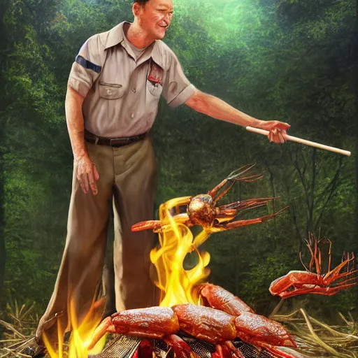 Image similar to Tom Hanks as forrest holding a giant shrimp on a stick over a campfire in the jungle, realistic digital painting, in the style of Aleksi Briclot, photoreailstic, realistic face, amazing detail, sharp