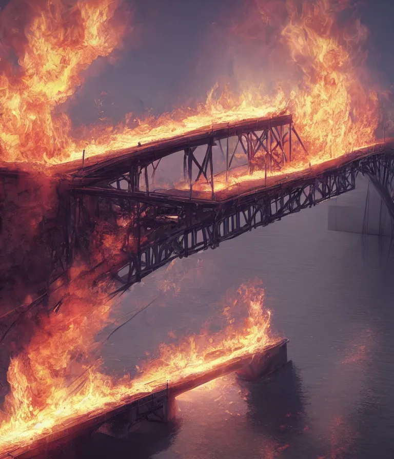 Prompt: a beautiful hyperrealistic detailed 3D render of a burning bridge, by Anton Otto Fischer, Atey Ghailan, genzoman, unreal engine, octane render, gigantic, 3D, brilliantly coloured, intricate, ultra wide angle, trending on artstation, embers, smoke, dust, dusk, volumetric lighting, HDR, polished, micro details, ray tracing, 8k