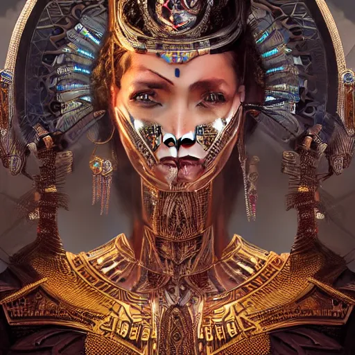 Image similar to HDR portrait photography of The Benevolent Cyborg Queen vertically mirrored above The Evil Cyborg King, ethnic, fantasy, intricate, elegant, highly detailed, African, Egyptian, Aztec, Mayan, digital painting, artstation, HDR photo, smooth, sharp focus, illustration, art by artgerm and greg rutkowski and alphonse mucha