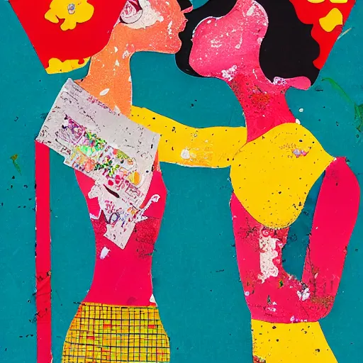 Prompt: two women kissing at a carnival, mixed media collage, retro, paper collage, magazine collage, acrylic paint splatters