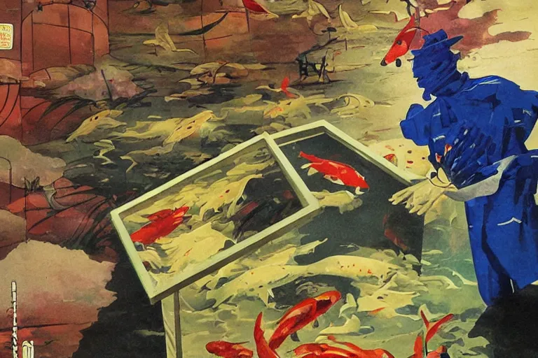 Image similar to inspecting a shipment, the box is full of water and koi. art in the style of vincent di fate.