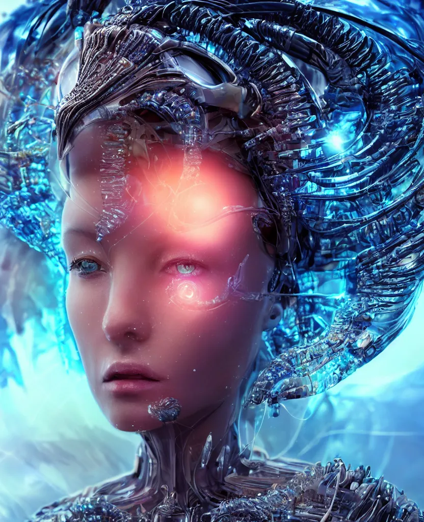 Image similar to epic futuristic ancient close-up macro portrait of the face of a beautiful princess, epic angle and pose, symmetrical artwork, 3d with depth of field, blurred background, cybernetic jellyfish crystal, obsidian, female face skull phoenix bird, translucent, nautilus, energy flows of water and fire. a highly detailed epic cinematic concept art CG render. made in Maya, Blender and Photoshop, octane render, excellent composition, cinematic dystopian brutalist atmosphere, dynamic dramatic cinematic lighting, aesthetic, very inspirational, arthouse. y Greg Rutkowski, Ilya Kuvshinov, WLOP, Stanley Artgerm Lau, Ruan Jia and Fenghua Zhong