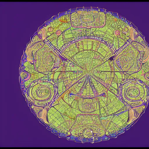 Image similar to intricate baroque kawaii circular cartography map of a fantasy world beveled : : terrain cartography, fantasy aesthetic, autodesk 3 d rendering, v - ray collection, maverick studio, arnold 3 d render, blender render, indigo renderer, redshift render, enscape render, maxwell render, luxcorerender, renderman, lumion render, marmoset render