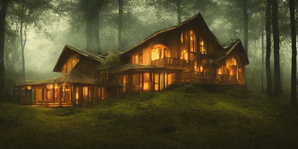 Image similar to an exquisite wooden house in a lush forest, architectural photography, dark and dim lighting, beautiful, tranquil, moody, cinematic, fantasy, 3 5 mm lens, volumetric lighting, first person view, photographic render, hyper realistic