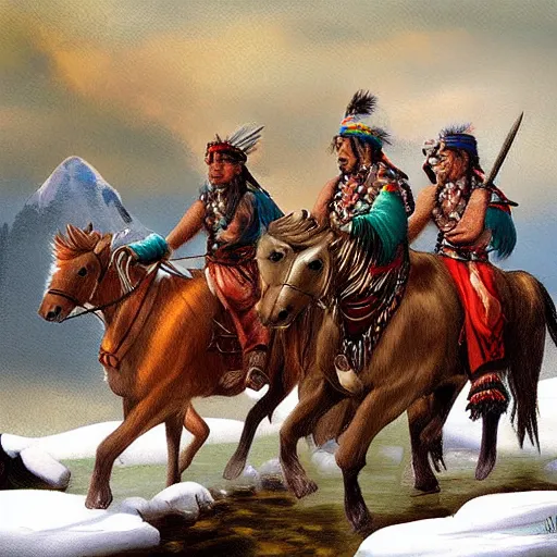 Image similar to digital art savage indians on the warpath riding horses through a rocky creek in the snow