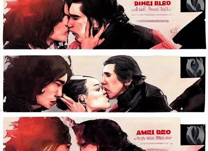 Image similar to reylo kissing, american dollar bill, rey and kylo ren