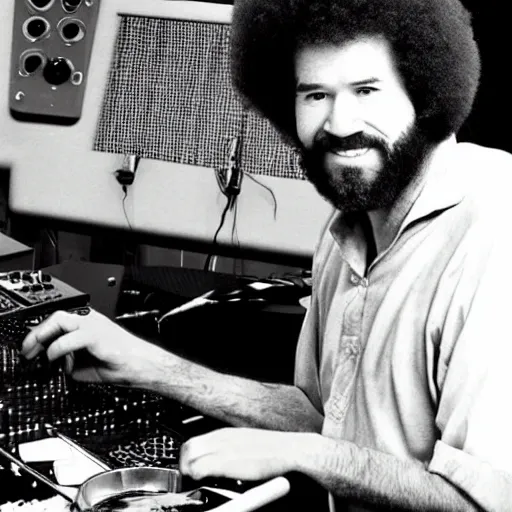 Prompt: Bob Ross as a producer, mixing his snare, studio