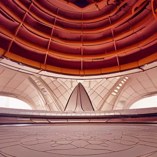 Image similar to interior of a futuristic lotus temple space station with gold, red and white marble panels, by buckminster fuller and syd mead, intricate contemporary architecture, photo journalism, photography, cinematic, national geographic photoshoot