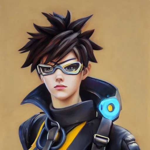 Image similar to oil painting of tracer overwatch in a field wearing very large black leather belt choker collar around neck, in style of mark arian, expressive face, very detailed face, very detailed eyes, belt around neck, full body, feminine face, tracer overwatch,