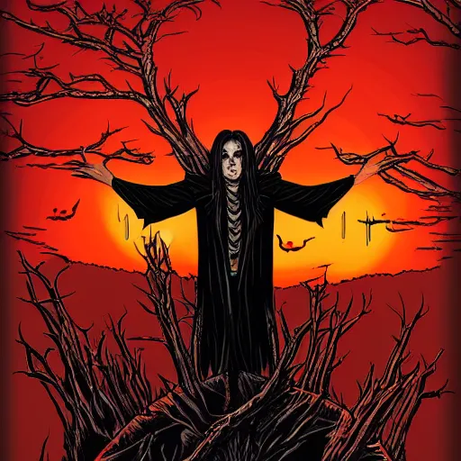 Image similar to vampire Mortiis floating in the air, sunset by Dan Mumford. Wearing leather and spikes