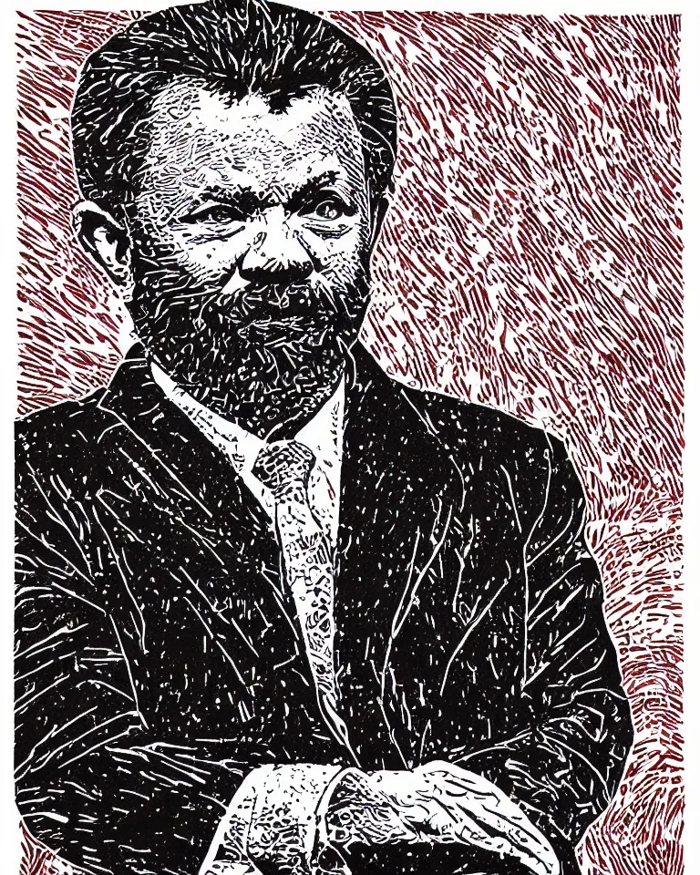 Image similar to a lifelike linocut engraving of a singular president lula. red, black and white color scheme