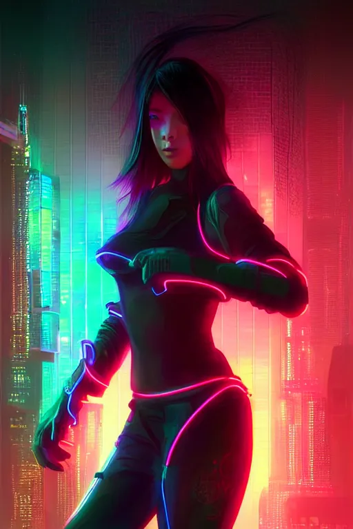 Prompt: portrait futuristic dreaming cyberpunk female ninja, in futuristic neon light and firefly tokyo rooftop cyberpunk night, ssci-fi, fantasy, intricate, very very beautiful, elegant, neon light, highly detailed, digital painting, artstation, concept art, soft light, hdri, smooth, sharp focus, illustration, art by tian zi and craig mullins and WLOP and alphonse mucha