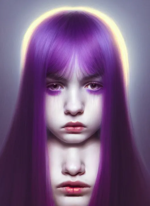 Image similar to hair whitebangs hair, black hair, whitebangs, portrait of teenage girl with white bangs, red irises, purple clothes, white bangs, bangs are different color from hair, intricate, elegant, glowing lights, highly detailed, digital painting, artstation, concept art, smooth, sharp focus, illustration, art by wlop, mars ravelo and greg rutkowski