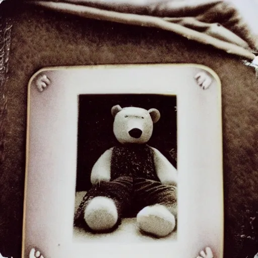 Image similar to a very beautiful old polaroid picture of a creepy teddy bear in a bedroom, award winning photography