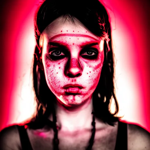 Prompt: anarchist punk girl, dark red lights, lots of details, hyperrealistic, bokeh, atmospheric lighting, sharp focus, perfectly shaded, visible face, detailed, 8 k, elegant, intricate, sharp focus, radiant light