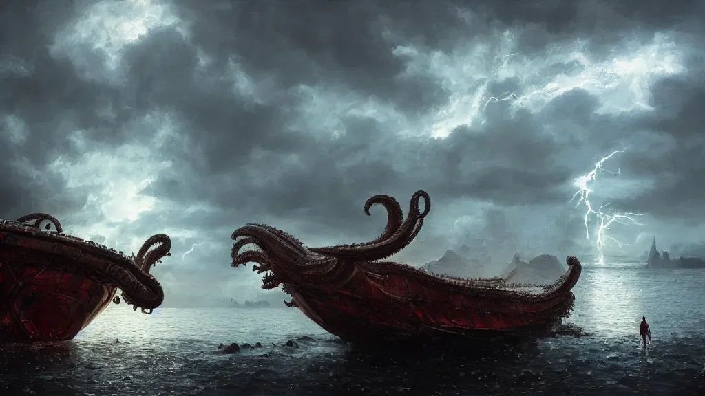 Prompt: small boat in foreground, giant big kraken in the background, lightning in background, intricate, detailed, volumetric lighting, sharp focus, scenery, photorealism, digital painting, highly detailed, concept art, ruan jia, steve mccurry