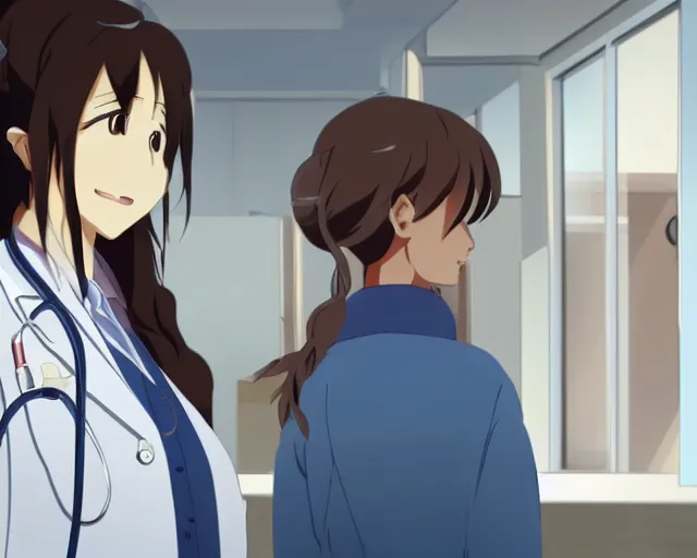 Image similar to a cute young female doctor wearing white coat are talking to a woman in a hospital, slice of life anime, lighting, anime scenery by Makoto shinkai