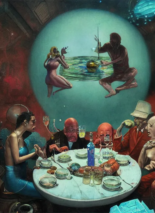 Prompt: realistic detailed image of a spherical water people at underwater restaurant in the style of Francis Bacon, Surreal, Norman Rockwell and James Jean, Greg Hildebrandt, and Mark Brooks, triadic color scheme, By Greg Rutkowski, in the style of Francis Bacon and Syd Mead and Edward Hopper and Norman Rockwell and Beksinski, dark surrealism, open ceiling, highly detailed, painted by Francis Bacon, painted by James Gilleard, surrealism, by Nicola Samori, airbrush, Ilya Kuvshinov, WLOP, Stanley Artgerm, very coherent, art by Takato Yamamoto and James Jean