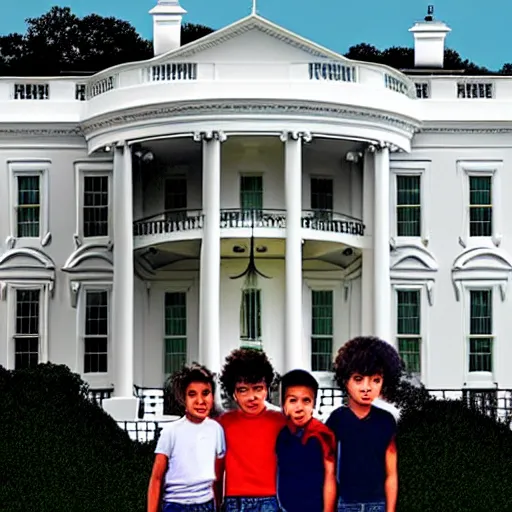 Image similar to one girl and three boys, they are siblings, the wall of a white house is in the beackground