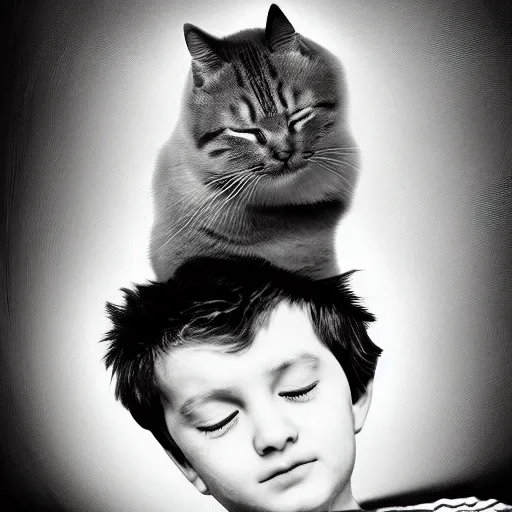 Image similar to a cat sitting on the head of a boy sleeping on a couch, digital art inspired by ansel adams