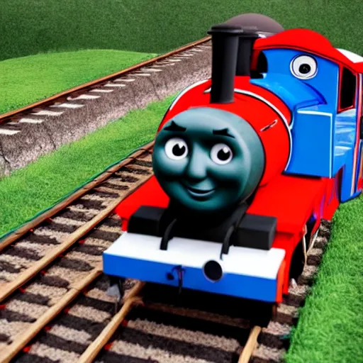 Image similar to a malevolent thomas the tank engine speeding towards a person tied to the tracks