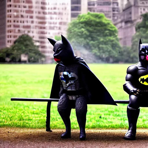 Image similar to batman and alf smoking a cigarette sitting on a green park bench, ultra realistic photo, 8 k resolution, movie escene, 3 5 mm, lens real depth