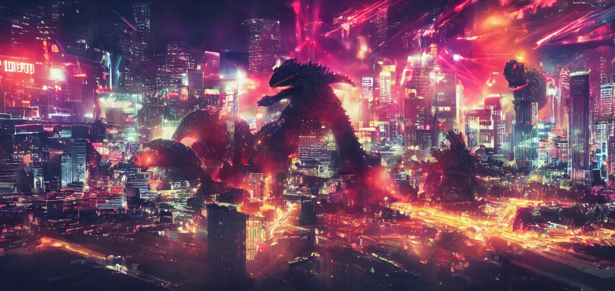 Image similar to The wide shot of disco punk rock Asian band with very long curly dark hair playing on guitars while giant Godzilla destructs the city, night city on the background, giant flying saucer in the sky, by Lubezki, David Lynch and Roland Emmerich, anamorphic 35 mm lens, cinematic, anamorphic lens flares 4k