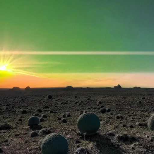 Image similar to a green sunset on the surface of an alien planet that orbits two stars