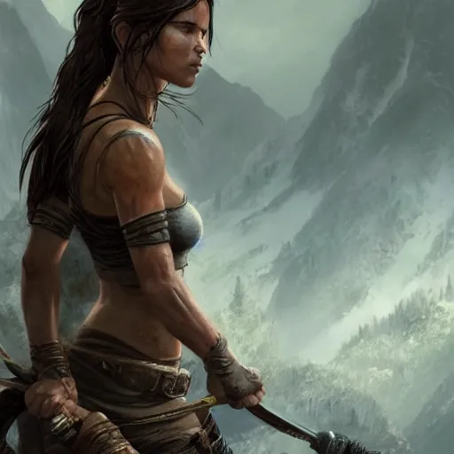 Prompt: lara croft in lord of the rings, hyper detailed character design, greg rutkowski, wlop, artgerm, masterwork, artstation trending, 8 k