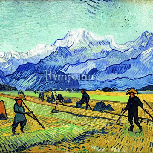 Image similar to peasants working in fields in front of aoraki mt cook, new zealand, painted by vincent van gogh