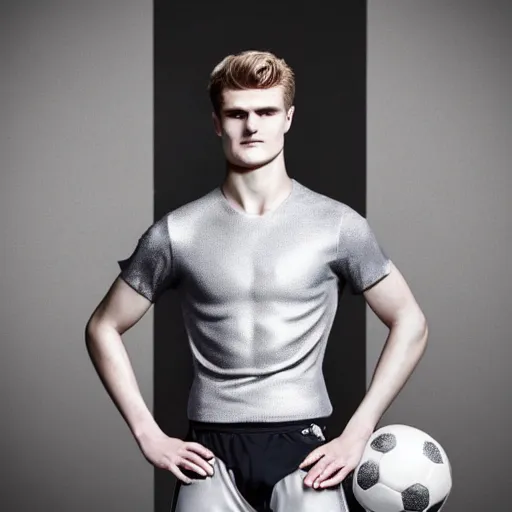 Image similar to a realistic detailed photo of a guy who is an attractive humanoid who is half robot and half humanoid, who is a male android, soccer players martin ødegaard & timo werner, shiny skin, posing like a statue, blank stare, in a living room, on display, showing off his muscles, gold soccer shorts, side view