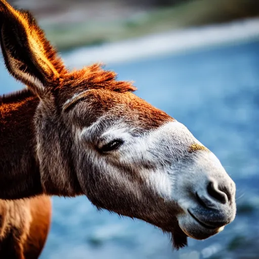 Image similar to close up photo of a donkey, drinking water from a lake in tasmania, bokeh, 4 k award winning nature photography