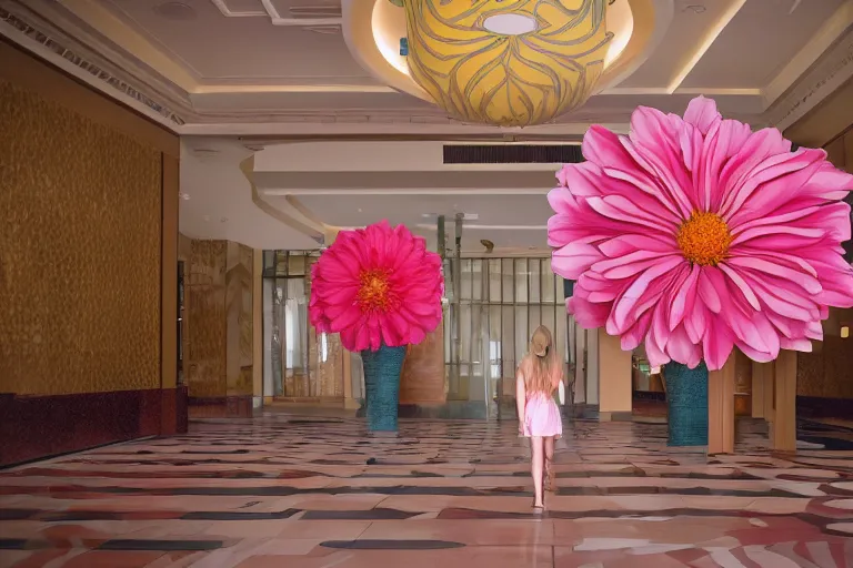 Image similar to giant flower head, girl walking in hotel, surreal, symmetry, flat space, fanciful, colourful, detailed, wes anderson