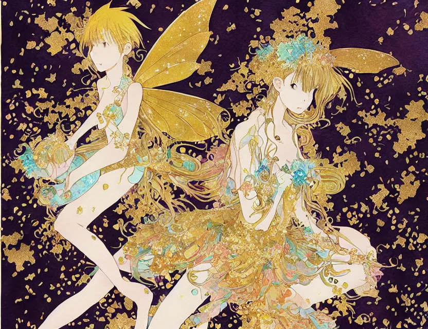 Image similar to faerie spirit of cupcakes, lost in a liminal space. this watercolor and gold leaf work by the award - winning mangaka has a beautiful composition and intricate details.