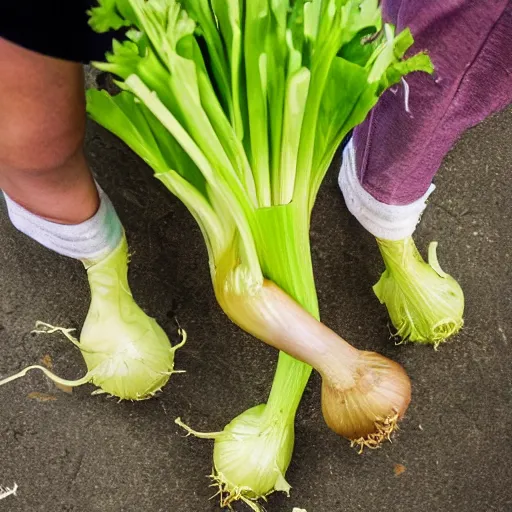 Image similar to Onion Heads gang turf war with the rival Celery Foot gang. Hands can be distinguished by wearing their colours and their onion heads and celery feet. Award winning photography