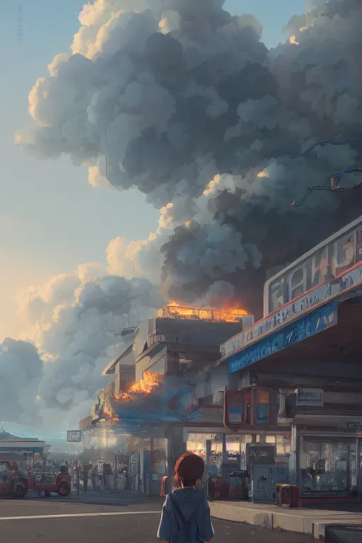 Prompt: a highly detailed matte painting of a girl watching gas station explosion by studio ghibli, makoto shinkai, by artgerm, by wlop, by greg rutkowski, volumetric lighting, octane render, 4 k resolution, trending on artstation, masterpiece