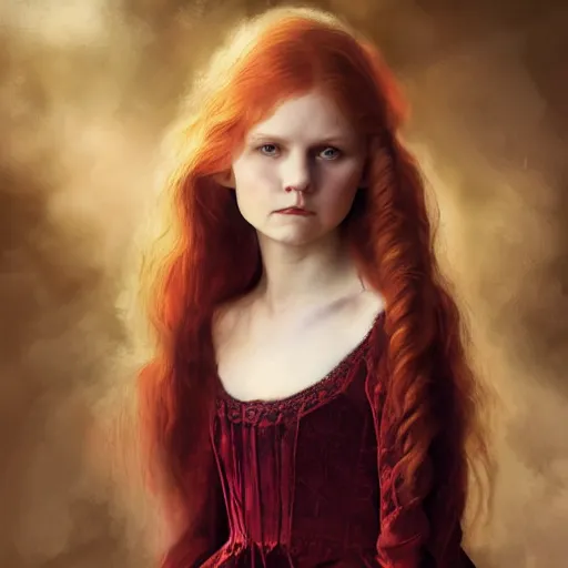 Image similar to majestic gracious regal aristocratic redhead child version of kirsten dunst as the vampire child claudia portrait, indoors, atmospheric lighting, painted, intricate, volumetric lighting, beautiful, rich deep colours masterpiece, sharp focus, ultra detailed, by leesha hannigan, ross tran, thierry doizon, kai carpenter, ignacio fernandez rios