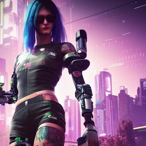 Image similar to Robot girl with long hair and tattoo style game CYBERPUNK 2077 , a very beautiful portrait, style DEUS EX: MANKIND DIVIDED, girl entwined with flowers, photorealism