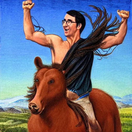 Prompt: john Oliver rides topless on a brown horse, he has the head of a bear tied to the horses saddlebag, he looks proud, colored pencils, hyper realistic, hyper detailed, by Botticelli