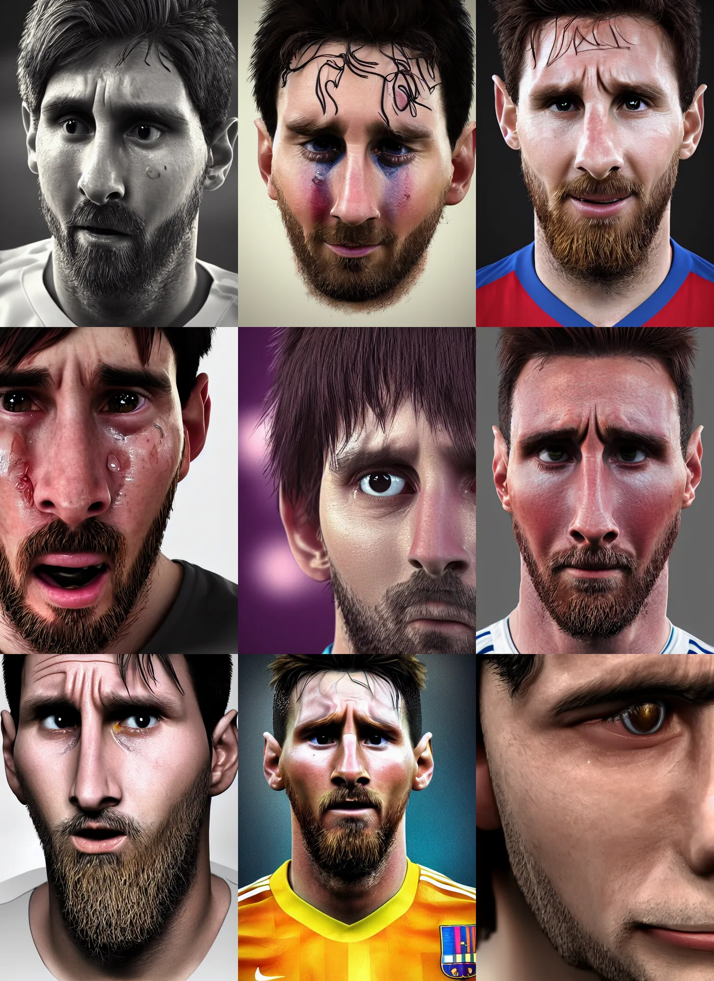 Prompt: portrait of ((cute)) crying Messi!!, photorealistic, single !!tear!!, Messi, cry, 35mm, tears drip from the eyes, close-up, Octane render, trending on Artstation, 4k, 8k, perfect face, highly detailed, digital art