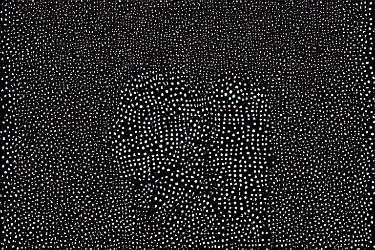 Image similar to black figure, faceless people dark, dots, drip, stipple, pointillism, technical, abstract, minimal, style of francis bacon, asymmetry, pulled apart, cloak, hooded cowl, made of dots, abstract, balaclava, colored dots, sploch