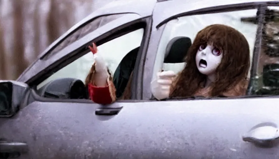 Image similar to big budget horror movie about an evil killer doll in the back of a driver's car