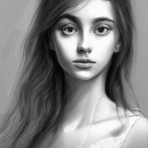 Prompt: a beautiful portrait pencil sketch from a picture, of a young French nubile with stoic attitude by Alina Ivanchenki and Rob Ross, trending on artstation.