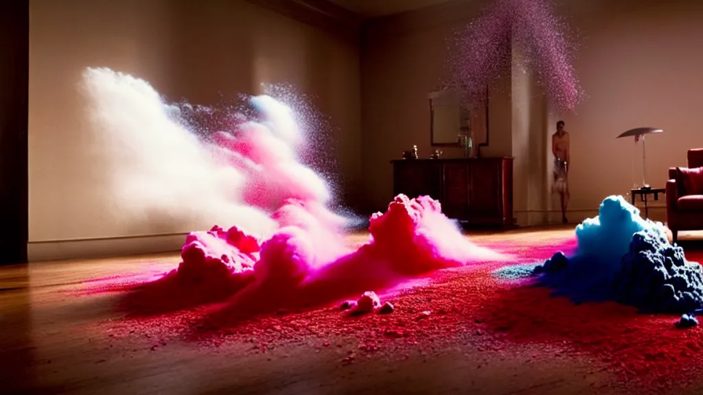 Image similar to colored powder explosion in the living room, film still from the movie directed by Denis Villeneuve with art direction by Salvador Dalí, wide lens