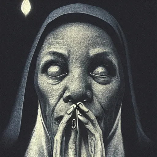 Prompt: a black nun smoking a joint and puffing lots of smoke, by Beksinski, lens flares, minimalistic background