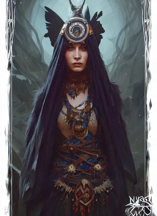 Prompt: raven wizard shaman, d & d, fantasy, intricate, elegant, highly detailed, digital painting, artstation, concept art, matte, sharp focus, illustration, hearthstone, art by artgerm and greg rutkowski and alphonse mucha