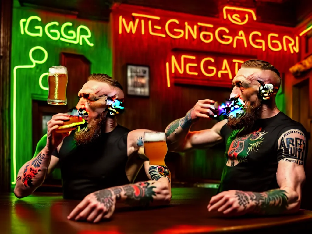 Image similar to a well framed portrait of conor mcgregor drinking a beer and smoking a cigar in an irish pub with a neon bar, trending on art station, in the style of the movie heat, volumetric lighting & shadows, hyper detailed, digital art, unreal engine, 4 0 0 mm f 1. 8,